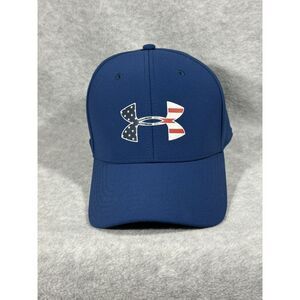Under Armour‎ Mens USA American Flag Logo Stretch Flexfit hat cap M/L Blue